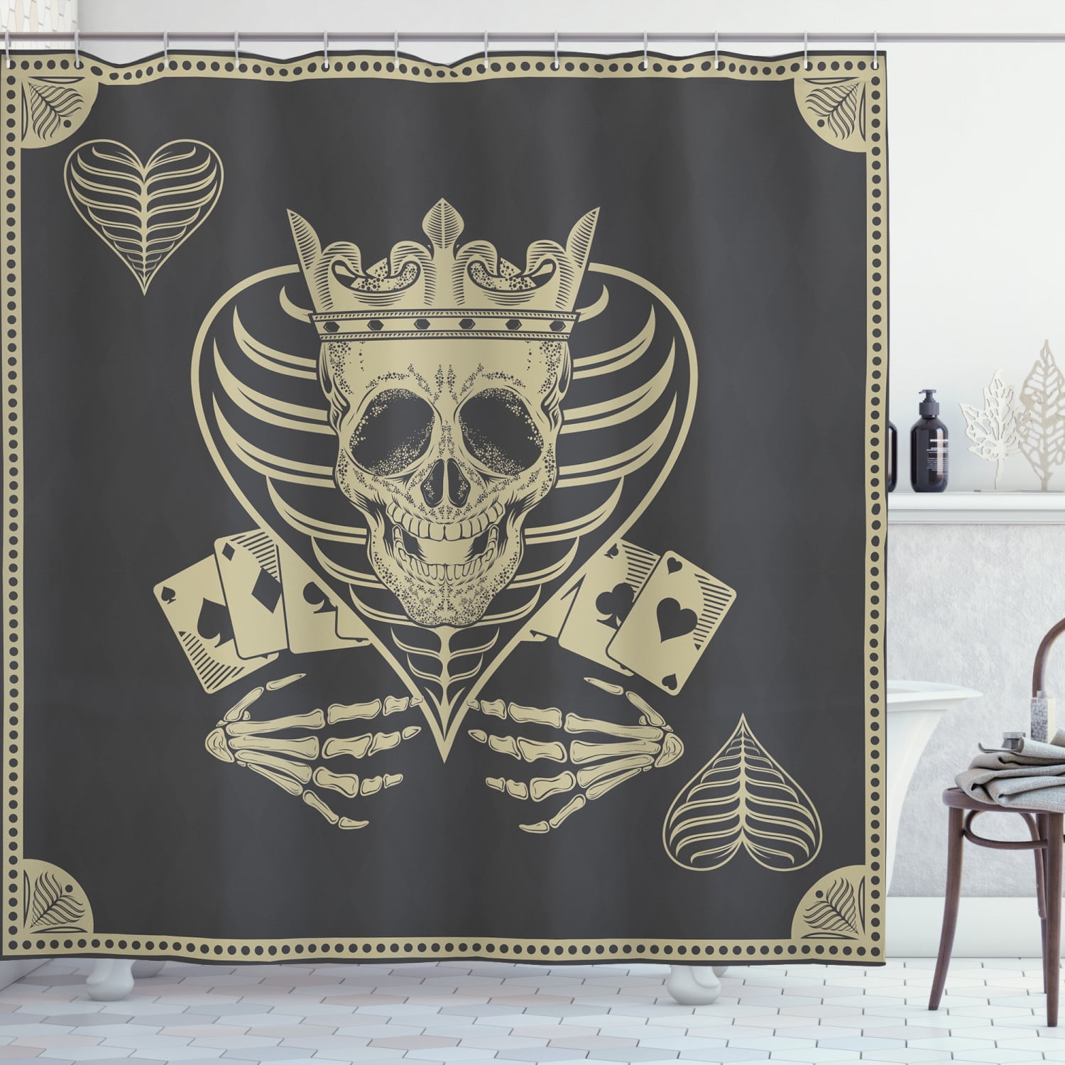 Skull Shower Curtain, Vector Skull Poker Cards Play Game Scary Horror Image with Crown and Heart, Fabric Bathroom Set with Hooks, 69W X 70L Inches, Dark Grey Tan Beige, by Ambesonne