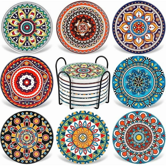Coasters for Drinks,AODINI Set of 8 Absorbent Stone Coasters for Wooden Table, Mandala Ceramic with Cork Base, Gift for Housewarming Birthday and Family - Great Home and Dining Room Decor