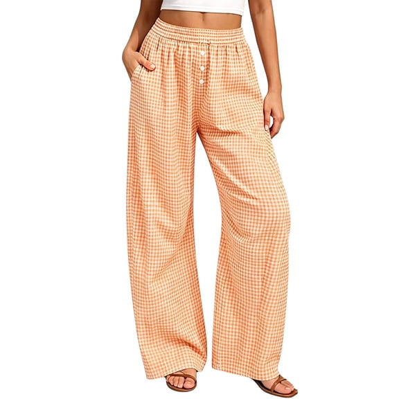 CQONEPT Women Gingham Wide Leg Pants Drawstring Elastic Waist Plaid Casual Trousers Loose Fit Lounge Bottoms with Pockets Orange XL