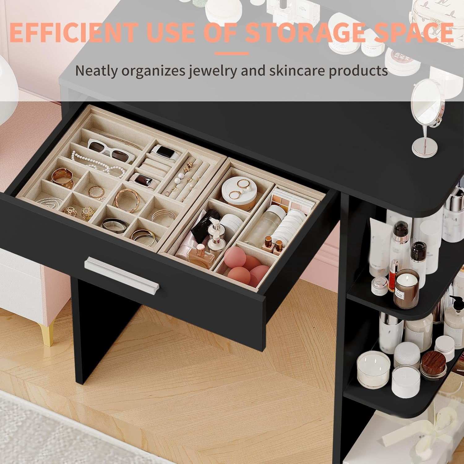 Vanity Desk with Mirror and Lights, Akaber 26.4" Makeup Vanity with Large Drawer, 6 Storage Levels, Small Black Vanity Desk with Large LED Mirror