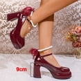 thumbnail image 5 of SCHUHLAND Elegant Wine Red Mary Jane Pumps for Women, Chunky 9cm Platform High Heels, Pearl Ankle Strap, Bowtie Detail, 5 of 16