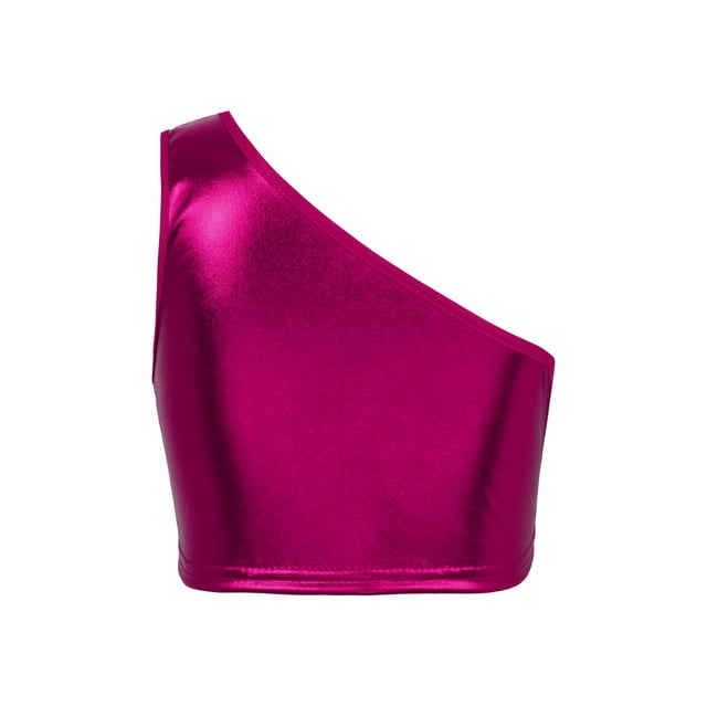 Haitryli Kids Girls One Shoulder Metallic Cropped Bra Top Shiny Stage Dance Performance Tanks Tops Rose Red 100-120