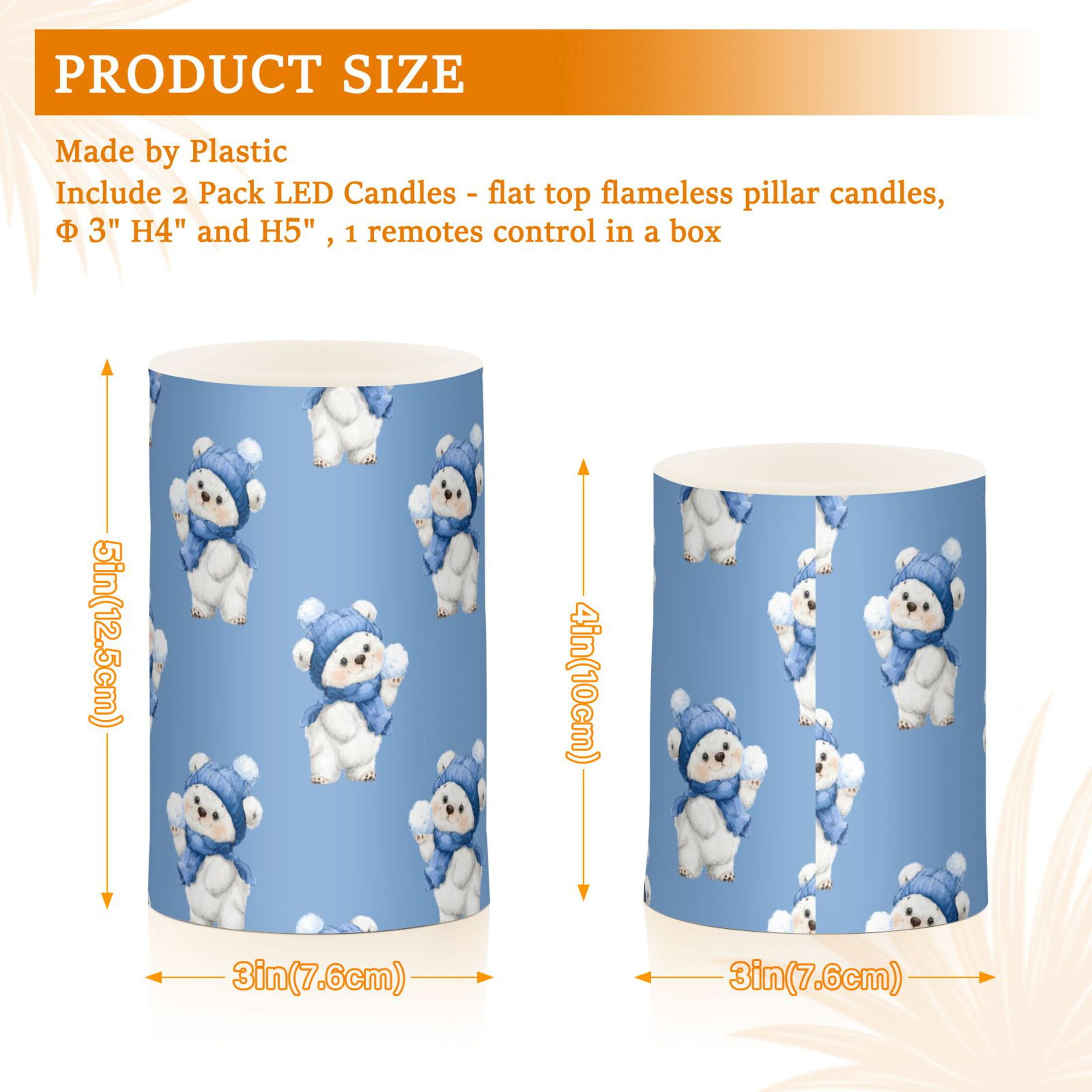 Bear Wearing A Blue Winter Hat Pattern Flameless LED Candle Set with Remote, Battery Operated Color Changing Pillar Candles, Set of 2
