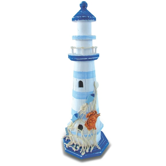 COTA Global Light Blue Stripes Lighthouse Decor - Handmade and Crafted Wooden Lighthouse Decoration with Crab, Decorative Beach Style Tabletop Centerpiece – 12.25 Inches