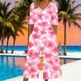 thumbnail image 2 of Edvintorg Jumpsuits for Women 2026 Cute Floral Short Sleeve V Neck Back Zipper Wide Leg Jumpsuit with Pockets Womens Summer Clothes, 2 of 5