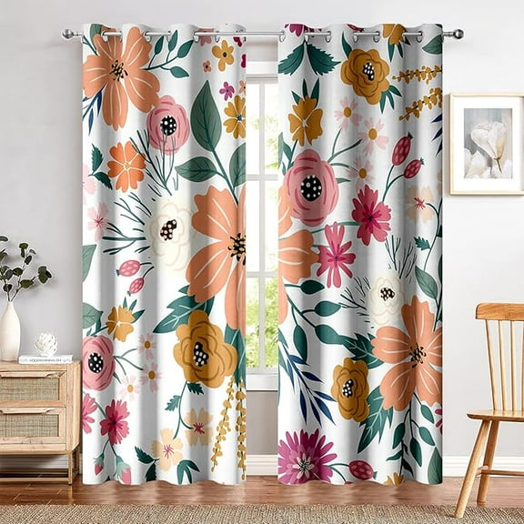 Floral Blackout Curtains Colorful Flowers Green Leaves Decor Home Bedroom Living Room Darkening Grommet Window Drapes 42"W x 108"L (Pack of 2)