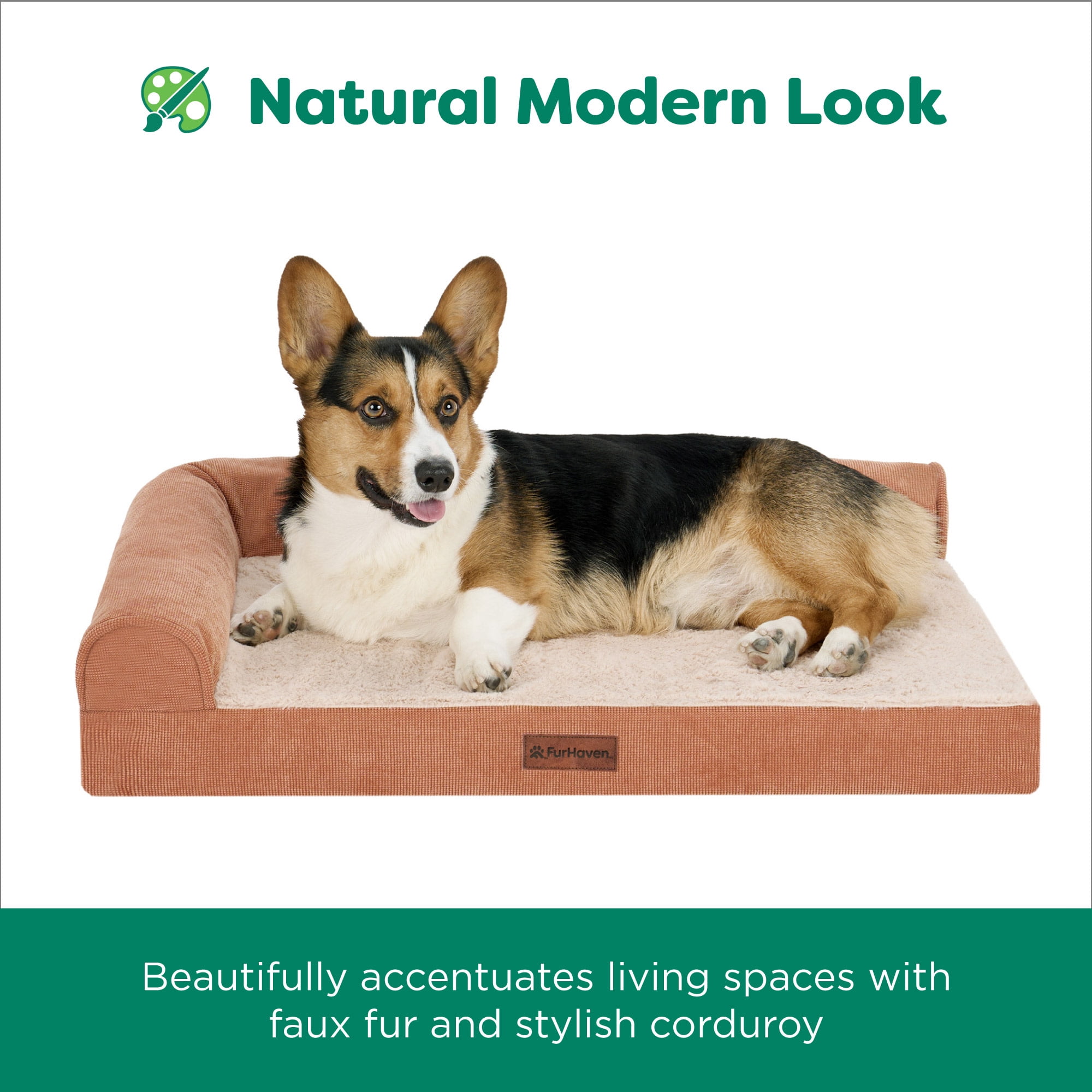 FurHaven Large (36"x27") Cooling Gel Dog Bed – Plush & Grid Cord L-Shaped Chaise Lounge Pet Bed, Removable Washable Cover, Copper