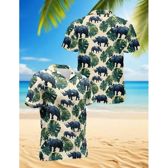Rhino Hawaiian Shirt for Men, Tropical Style, Button Down Summer Beach Short Sleeve, S-5XL