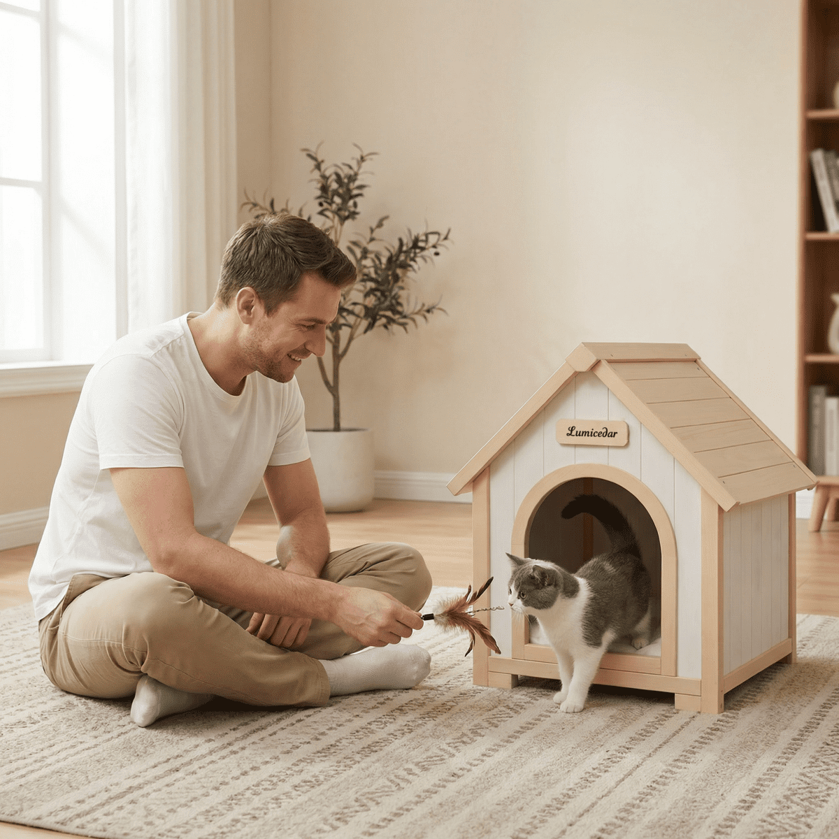 Modern Indoor Wooden Dog House with EVA Cushion – Solid Cedar Pet House for Small Dogs & Cats