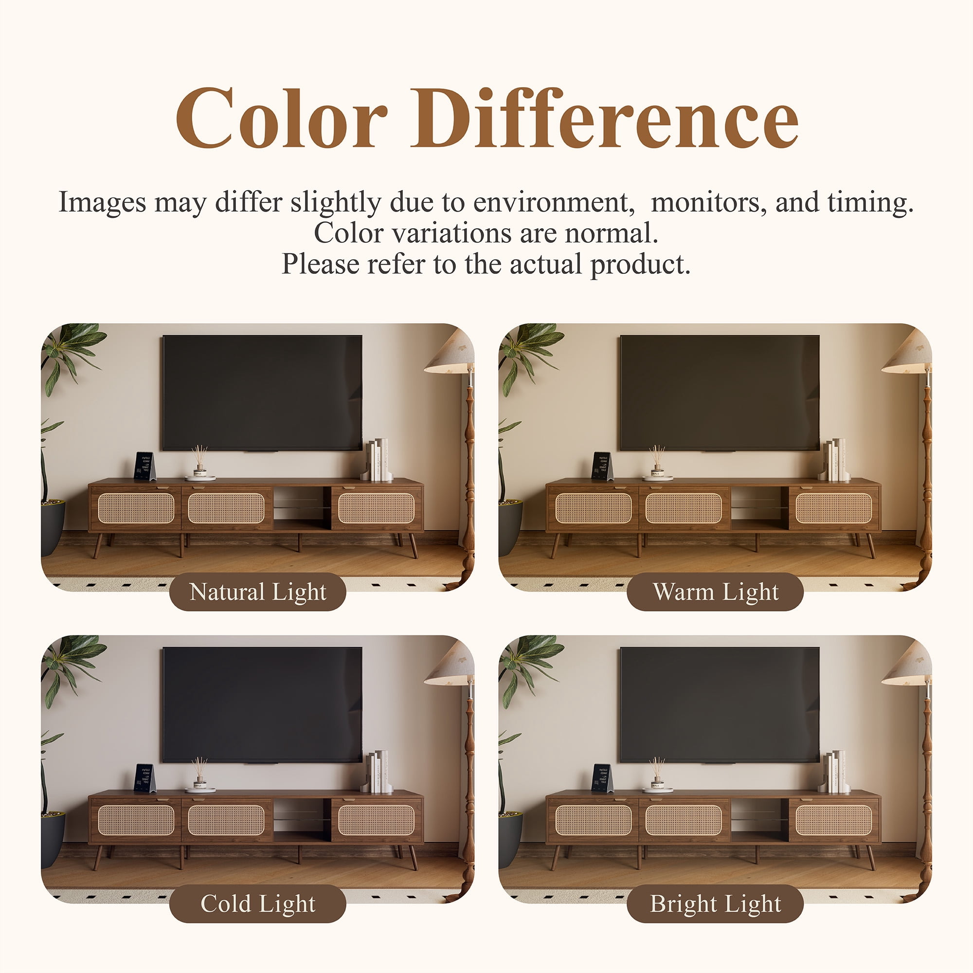 TV Stand for TVs up to 85 Inch, Entertainment Center with Rattan Doors & Glass Open Shelves, Media Console for Living Room