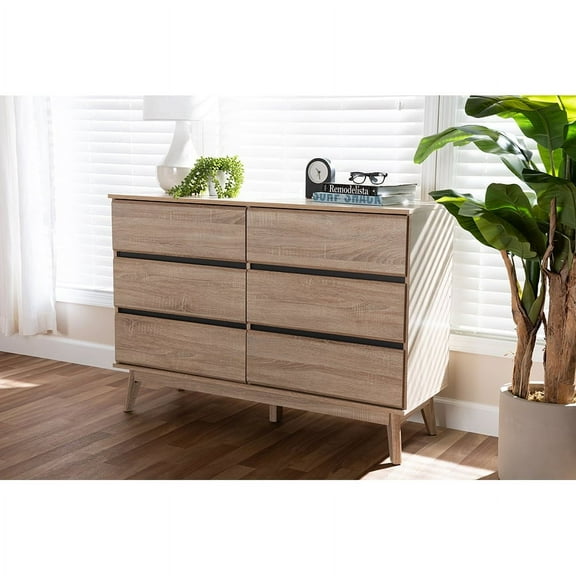 Baxton Studio Miren Mid-Century Modern Light Oak and Dark Grey 6-Drawer Dresser
