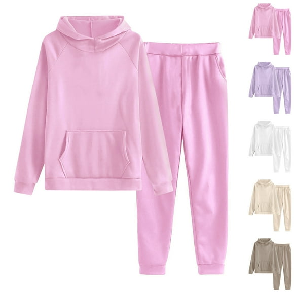YOIAVAIOY Sweat Suits for Womens 2 Piece Fleece Jogger Set Kangaroo Pocket Hoodie Sweatshirt and Sweatpants Set Solid Casual Tracksuit Pink L