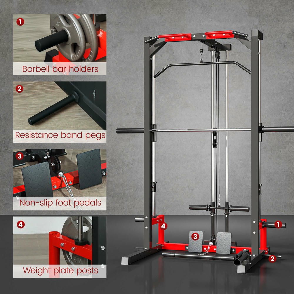 Resenkos Smith Machine Cage with Lat Pulldown and Landmine Attachment - Black/Red
