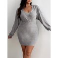 thumbnail image 4 of AURA Plus Size Women's Bodycon Dress V Neck Long Sleeve Faux Two Piece High Waist Short Dress, 4 of 8