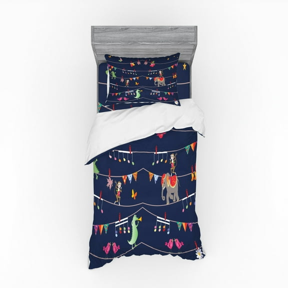 Nursery Duvet Cover Set, Cheerful Elephant Crocodiles Monkeys and Butterfly Cartoon Pattern, Bedding Set with Shams and Fitted Sheet, 3 Sizes, by Ambesonne