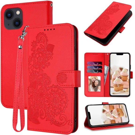 for iPhone 14 Case Wallet,Cute Floral Pattern Leather for Women Girl,Card Holder Kickstand Flip Cases,Wrist Strap,Magnetic Closure,Shockproof Protective Cover for iPhone 14 (Red)