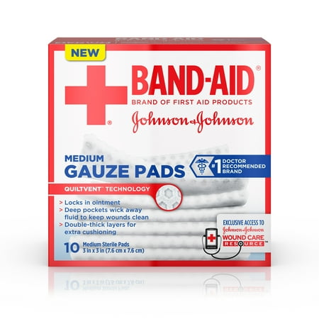 BAND-AID® Brand Medium Gauze Pads, for Minor Cut and Scrapes, 3 Inches by 3 Inches, 10 Count