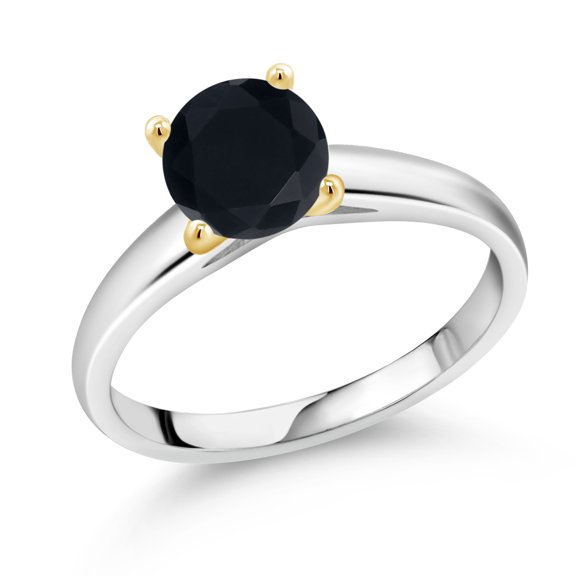 Gem Stone King 1.28 Ct 7mm Round Black Onyx 925 Silver and 10K Yellow Gold Ring Ring (Size 5)