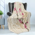 thumbnail image 4 of Cherry Blossom Soft Flannel Fleece Throw Blanket, Painting Style Japanese Sakura Tree on Grungy Background with Inscription, Cozy Plush for Indoor and Outdoor Use, 50" x 70", Multicolor, by Ambesonne, 4 of 5
