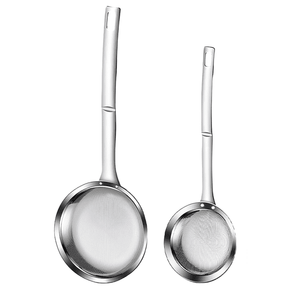 2 Pcs 304 Stainless Steel Kitchen Skimmer Set, Includes Large and Medium Handheld Fry Oil Filter, Fine Mesh Strainer for Straining, Scooping, Draining, and Food Prep