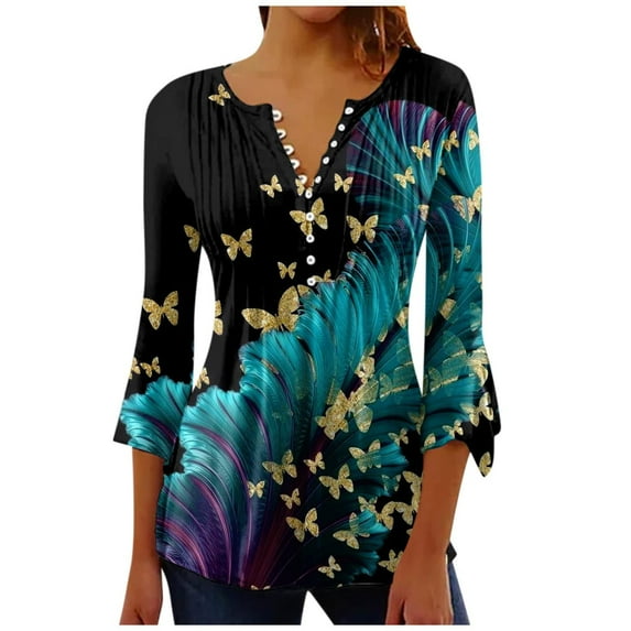 Mchoice Long Sleeve Shirts for Women Casual Trumpet Vintage Floral Printed Tops Buttons Basic Ruched Pleated Blouses