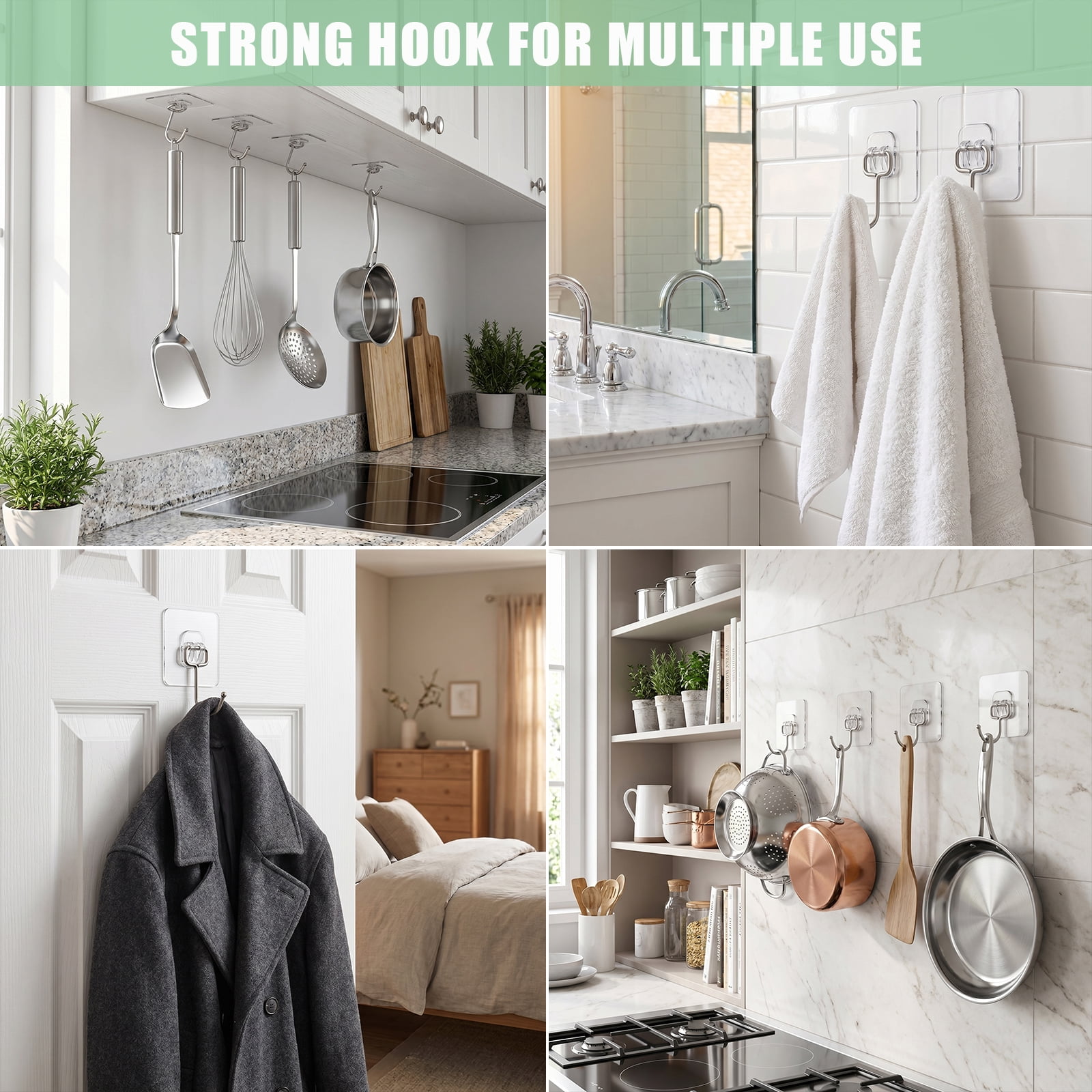 Koomade 8 Pack Large Clear Adhesive Wall Hooks Stainless Steel Heavy Duty for Towels & Coats