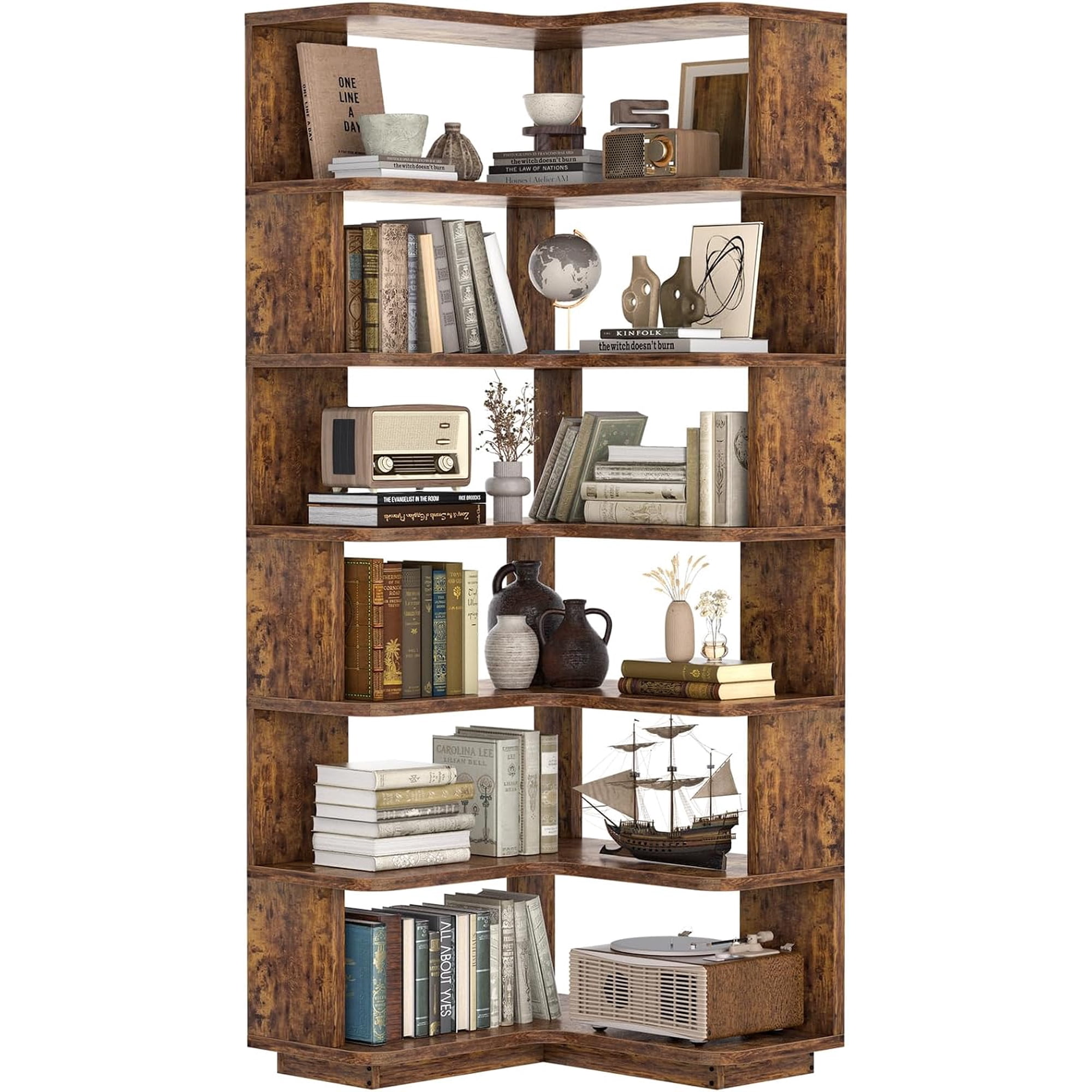 Corner Book Shelf 7-Shelf Corner Bookshelf for Small Corner Spaces | L-Shape Bookcase Corner Display Shelf for Home Office Living Room Bedroom Kitchen Pantry Rustic Brown