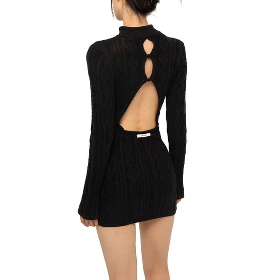 KOMOO Women Backless Knitted Dress Long Sleeve Cutout Knit Mini Dress Retro Slim Wrapped Sweater Dress