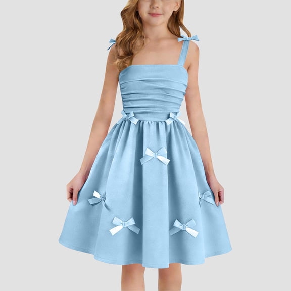 Floleo Girls Solid Color Summer Casual Dress Strapless Sleeveless Wrinkles Bowtie Comfortable Outfit For Daily Party Games Beach Vacation Play(Blue,12Years)