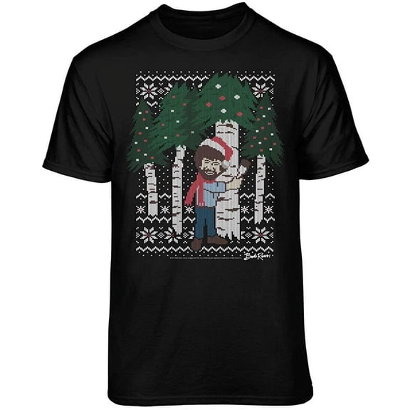 Teelocity Bob Ross Christmas Tree Hug Graphic T-Shirt (Black Red Scarf, Small)
