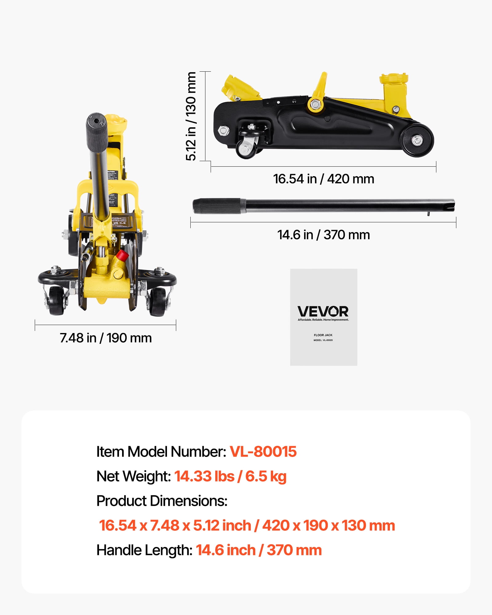 VEVOR Low Profile Floor Jack, 1.5 Ton (3300 lbs) Capacity, Steel Racing Floor Jack with Single Piston Quick Lift Pump, Hydraulic Trolley Car Lift for Sports Cars, Sedans, Lifting Range 5.1-12.2Inches
