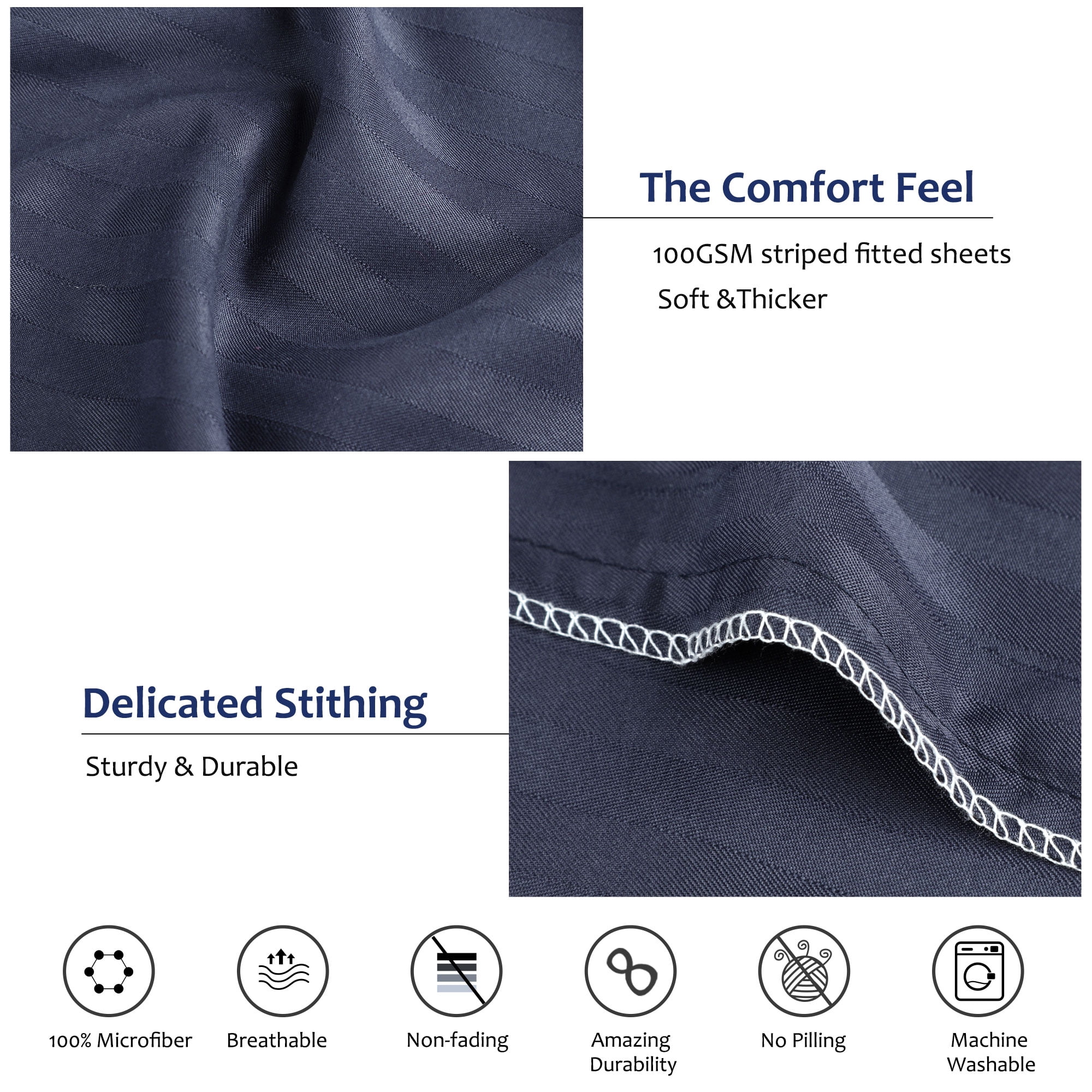 Unique Bargains Soft 100GSM Striped 16 Inch Deep Pocket Fitted Sheets Full Navy Blue