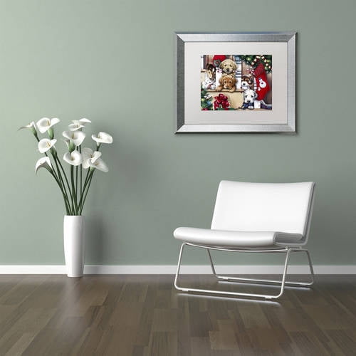 Trademark Fine Art 'Christmas Puppies On The Loose' Canvas Art by Jenny Newland, White Matte, Silver Frame