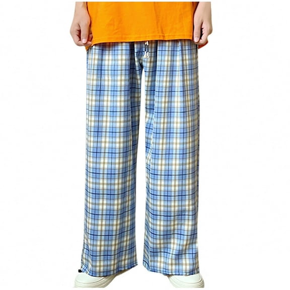 USNSM Men's Cotton Workwear Drawstring Casual Pants Soft Lounge Pajama Pants with Big pockets for Men Plaid Pj Bottoms Blue XXL