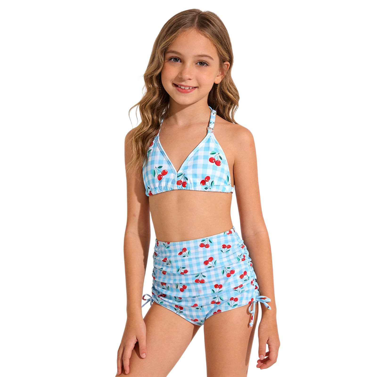 SGMVNU Girls 3 Piece Ruffle Bathing Suit Cute Bikini Set with Mesh Swimsuit Coverup Wrap Skirt Beach Swimwear Set (1-Blue Size 9-10 Years)