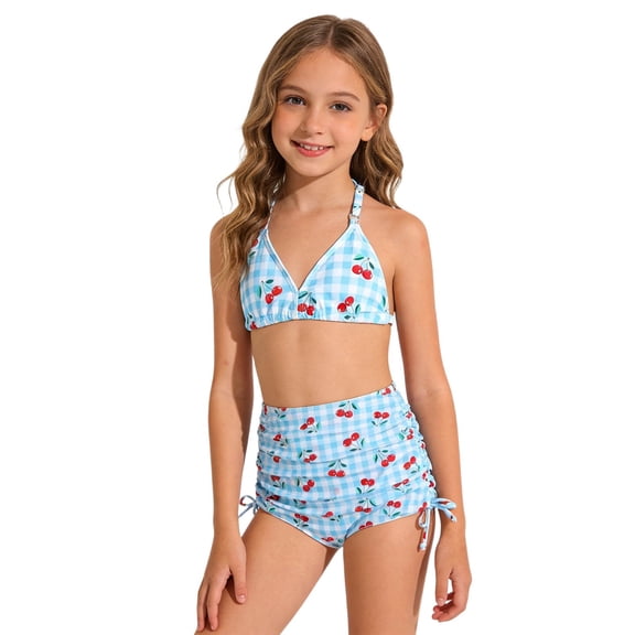 lnmuld Girls 3 Piece Cherry Print Bikini Rash Guard Swim Set Top & Bottom Beach Pool Color:Blue,Size:9-10 Years