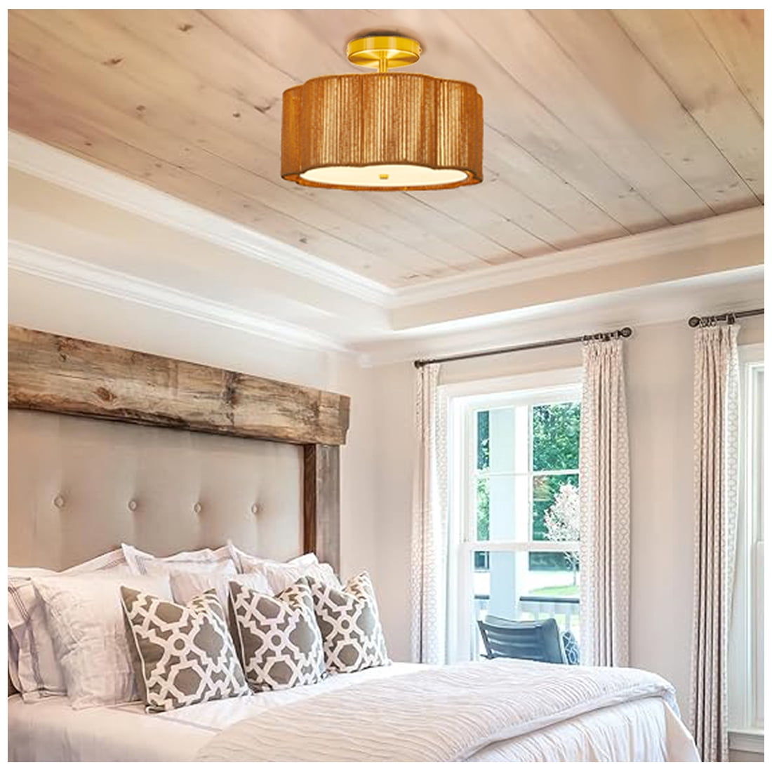 Boho Light Fixtures Flush Mount, 3-Light Rattan Ceiling Light Fixtures Flush Mount Gold for Bedroom, Flower-Shaped Close to Ceiling Light Fixture for Hallway Kitchen