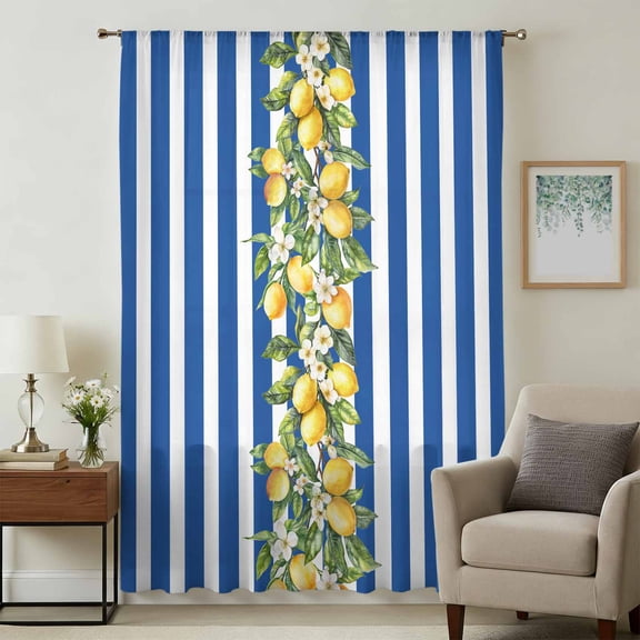 Blue Stripes Lemon Sheer Curtains 72 Inches Long, Spring Fruit Flowers Leaves Line Light Filering Curtains, Breathable Simi Curtain Privacy Drapes for Living Room Bedroom Lightweight Window Treatment