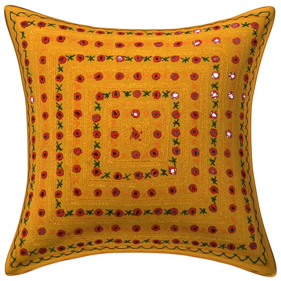 Stylo Culture Ethnic Chair Seat Throw Pillow Cover Boho Embroidered 16x16 Mirrored Mango Yellow Bohemian 40 x 40 cm Bedroom Cotton Geometric Square Cushion Cover | 1 Pc