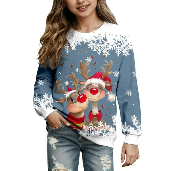 Jamsmile Toddler Girls Christmas Sweatshirts Autumn Cartoon Deer Head Crew Neck Long Sleeve Children Girls Xmas Sweatshirts