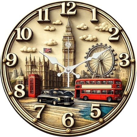 SBEMP10 Inch Silent Wall Clock, London City Relief Decorative Wall Clock, Battery Operated Non-Ticking Round Clock for Living Room Bedroom Travel Home Decor