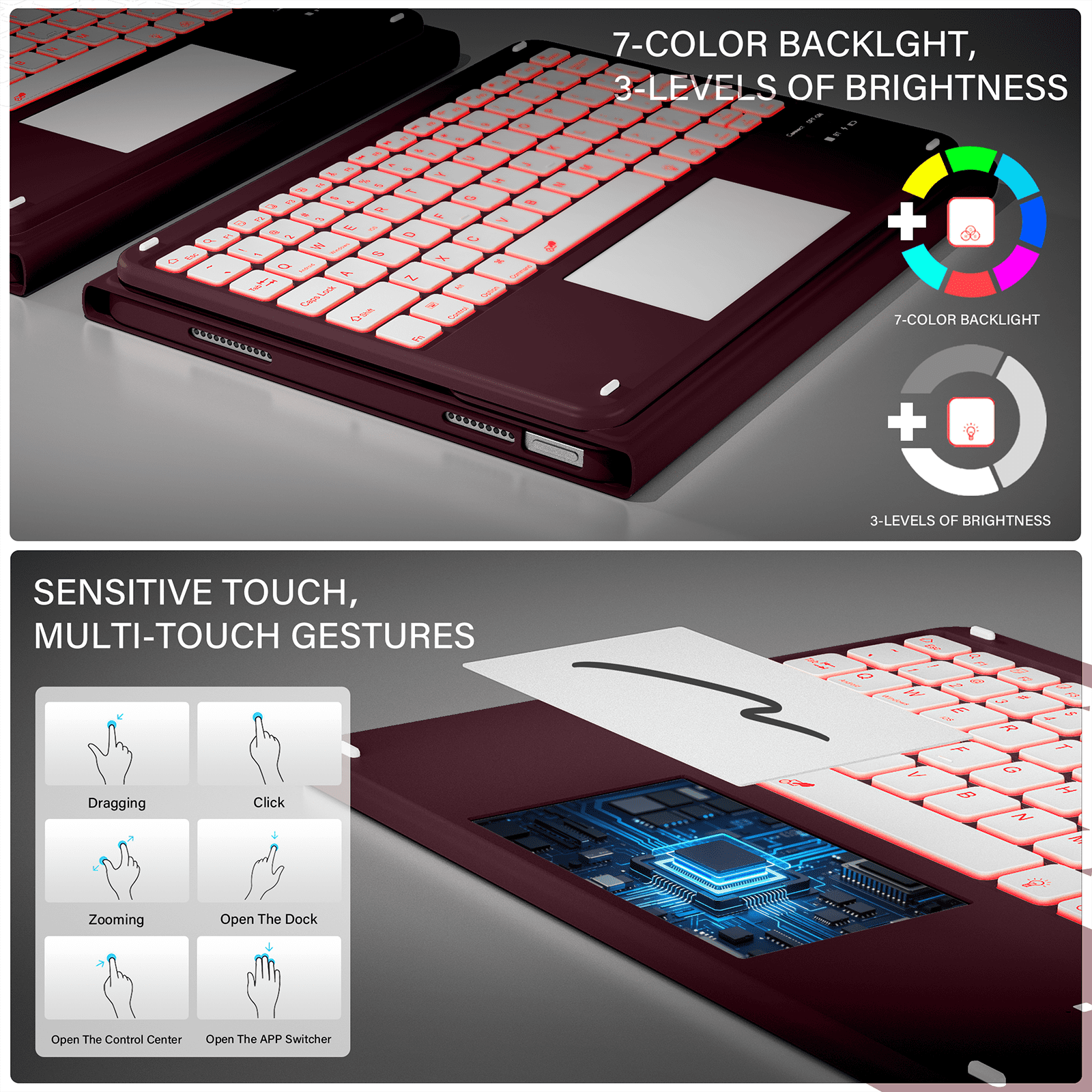 Kenke Keyboard Case Compatible for iPad (A16) 11/10th Generation 11/10.9 inch 2025/2020,Folio Cover with Pencil Holder, Multi-Touch Trackpad,7 Color Backlit,Detachable Bluetooth Keyboard, Dark Cherry