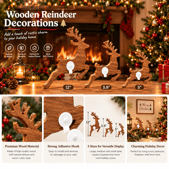 Lighted Christmas Reindeer Wall Decor, 3D Wooden LED Reindeer with Warm Backlit Glow, Handmade Real Wood Peel & Stick Holiday Decoration for Entryway, Living Room, Bedroom, Fireplace