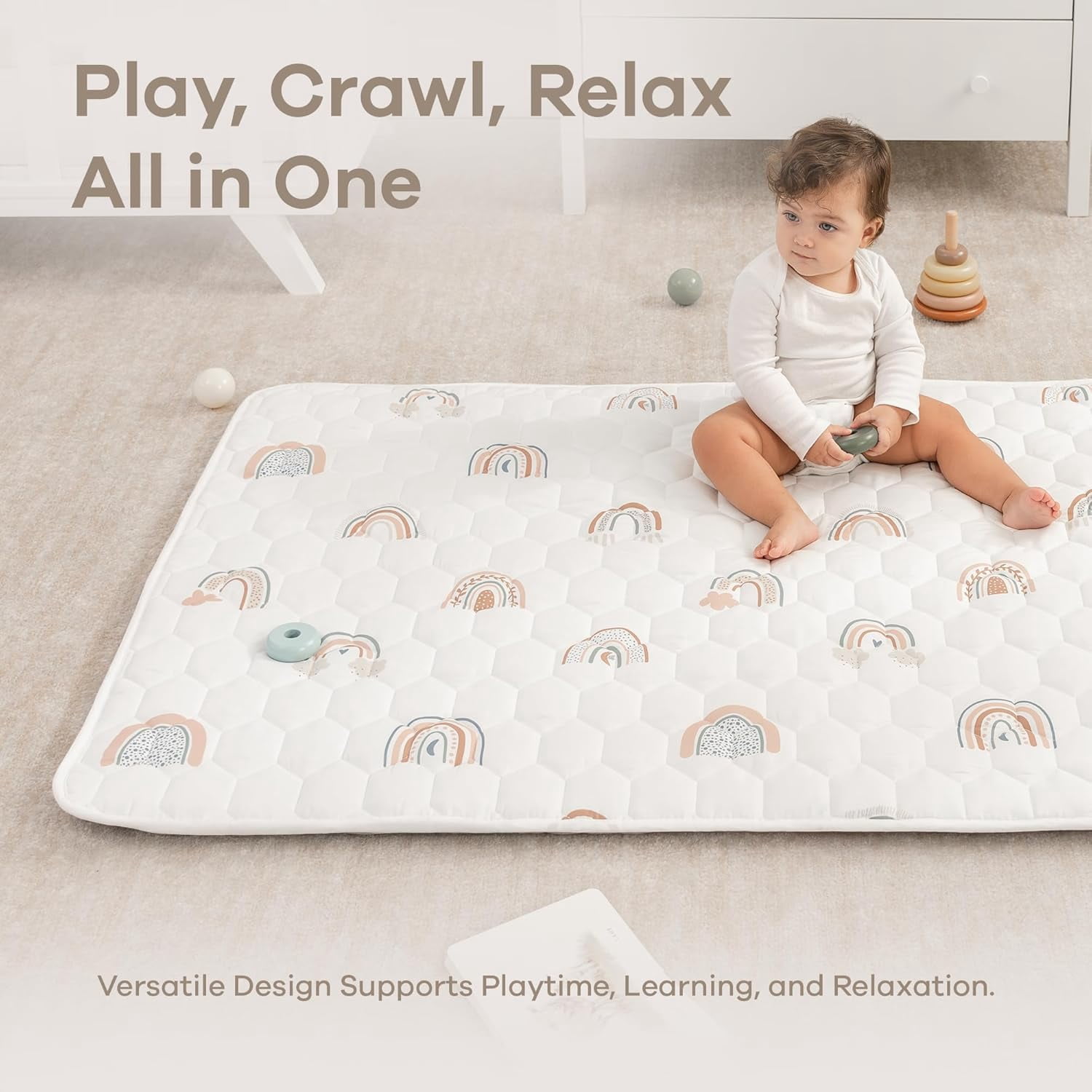 Comfy Cubs Play Mat, Rectangle (Small) 36” x 60” for Kids & Toddler, Non-Slip Bottom - Rainbow