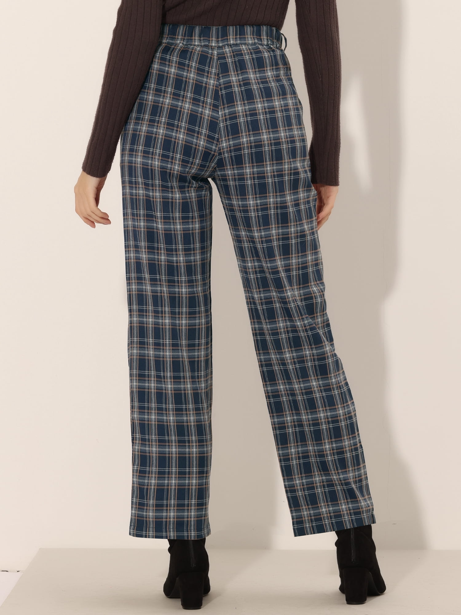 DARING DIVA Women's Plaid Trousers Pockets Straight Leg Casual Pant XS Dark Blue Beige
