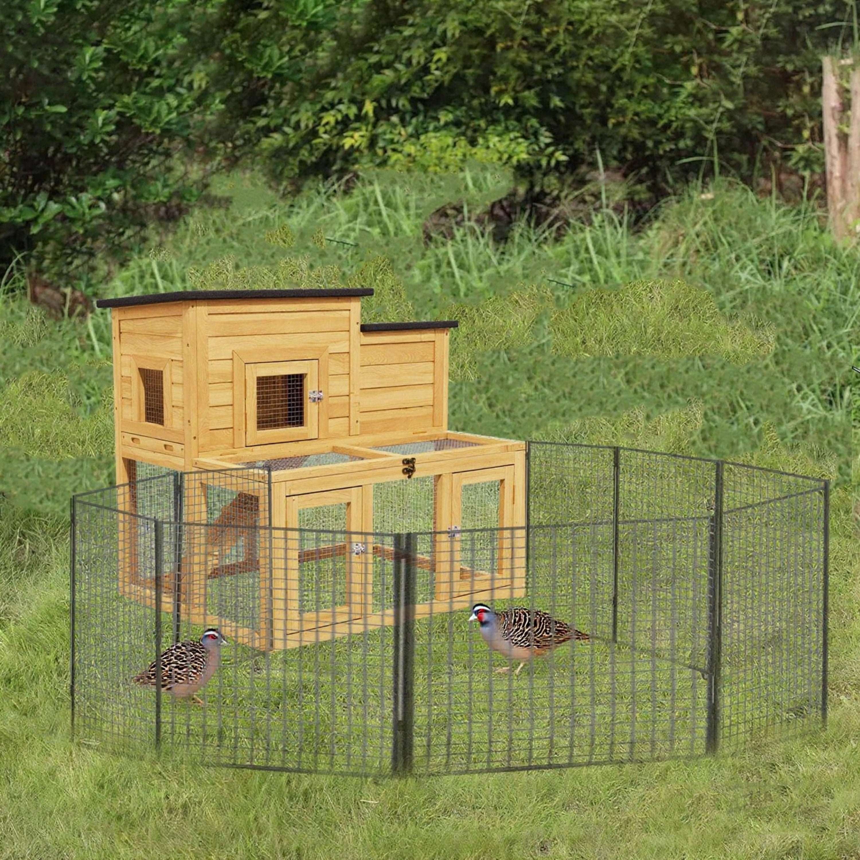 Large Outdoor Wooden Quail Cage Rabbit Hutch Chicken Coop with Run & Ramp，2 Tier
