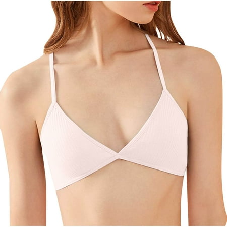 Ndbuld Bras for Women Plus Size Fashion Solid Color Thin Shoulder Strap Beautiful Back V Neck Wrap and Wipe The Chest Wireless Strap Bra Savings Up to 30% off Pink S