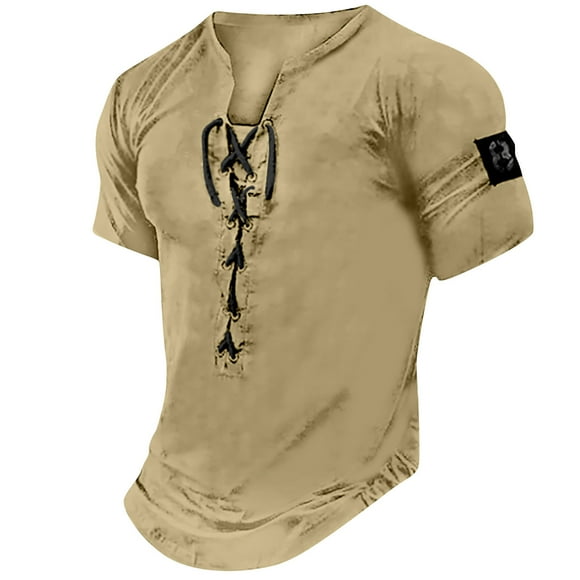 Fridja Men Lace Up V Neck Shirts Short Sleeve Bohemian Hippie Renaissance Medieval Summer Mens Vintage Pullover Shirt for Beach Vacation Travel(Brown,S)(Brown,S)