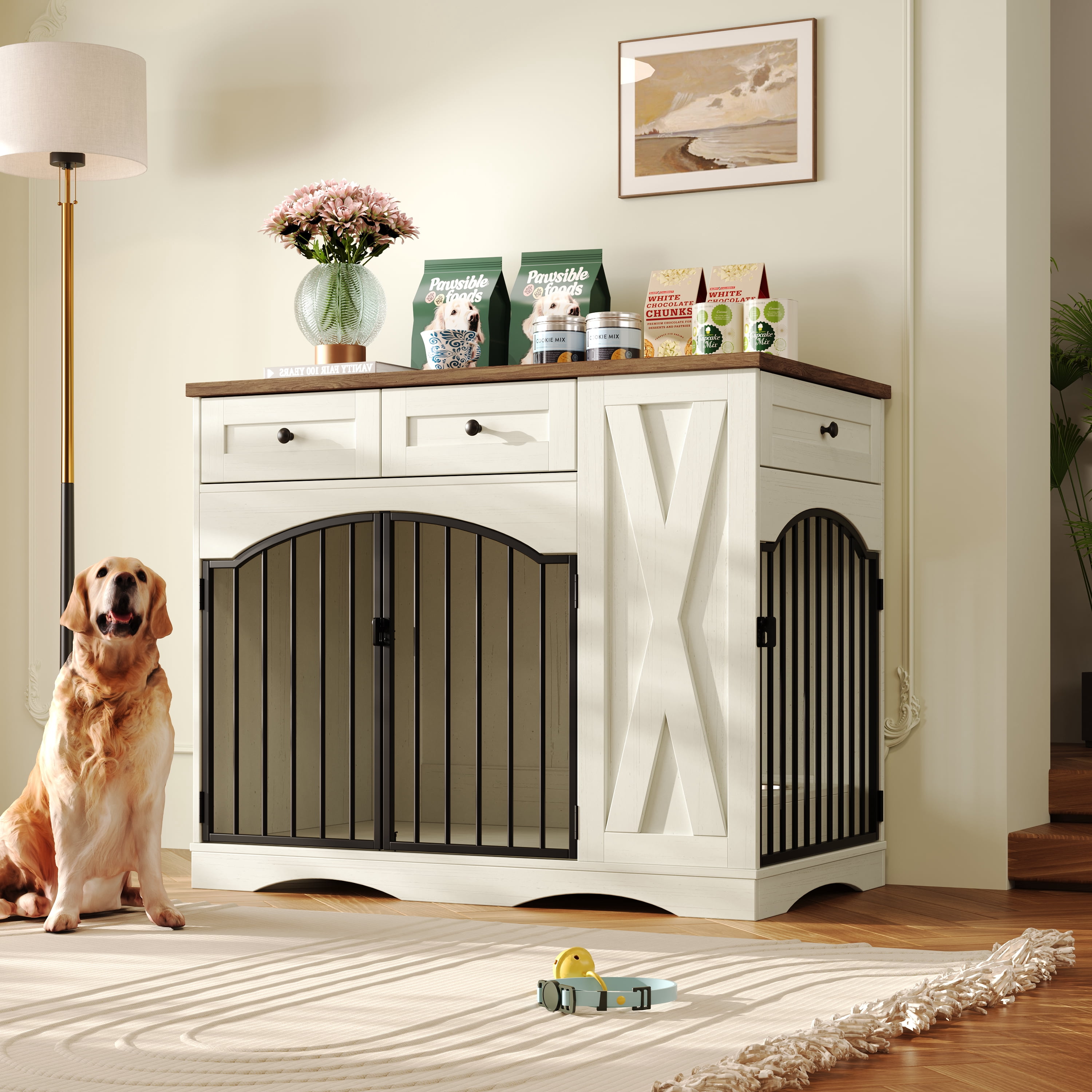 Mintazer 43.3" Farmhouse End Table Dog Crate Furniture & 2 Doors, Indoor Pet Kennel with 3 Storage Drawers & Detachable Feeder Tray, Dog Cage End Table for Medium Large Dogs, Beige & White