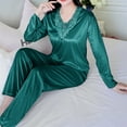 thumbnail image 7 of hotojiny Women's 2 Piece Satin Lounge Sets Plus Size Long Sleeve Lace V Neck Tops with Pants Pajamas Set Soft Sleepwear, 7 of 7